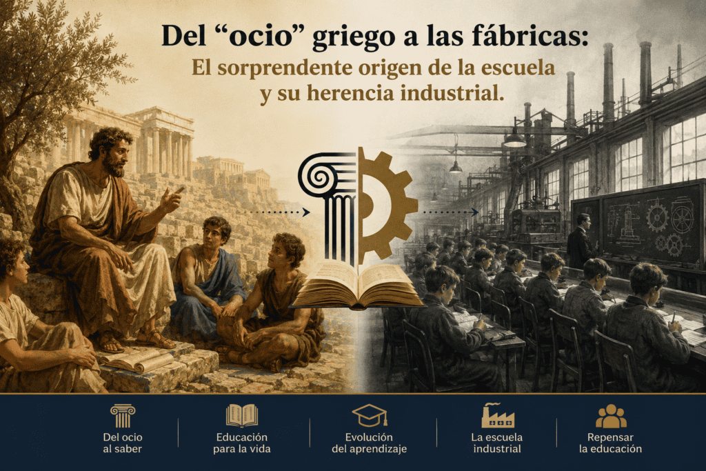 Del “ocio” griego a las fábricas: El sorprendente origen de la escuela y su herencia industrial
